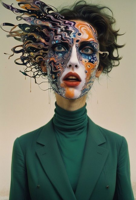 She wears recursive masks, her face exploding in filaments of static like a plant flowering with enigmatic spectacles, each moment of her life now in her death revealed at this central focus, connected by the thread of her stretched thin soul. A surreal glitchcore masterwork of Egon Schiele, sold at auction for 32 million USD.