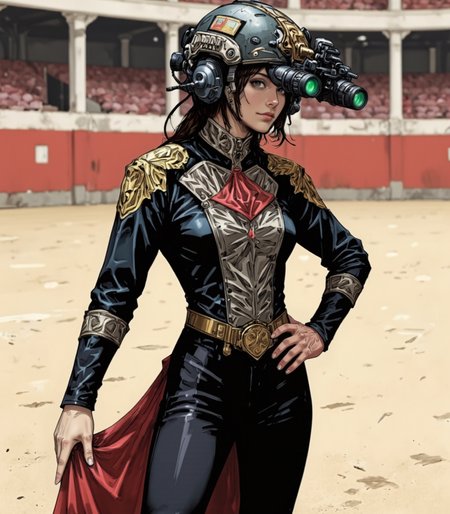 anime art of upper body shot of young woman wearing on head n0ds dual-tube panoramic optical device two cylindrical lenses attached to the front of the helmet with integrated hearing protection , A woman in a traditional Spanish matador outfit, standing in the middle of a bullring. She wears a modern military helmet with a matte black finish, the surface adorned with gold and red accents. The helmet is equipped with two night vision gogglesâlong black tubes with glowing green lensesâthat sit above her eyeline, ready to be flipped down. The helmetâs communication device is seamlessly integrated, with small, discreet wires that blend with the helmetâs design. She stands with one hand on her hip, the other holding a red cape. The bullring is empty, the sand beneath her feet soft and warm. The green glow from the goggles adds a futuristic element to the traditional scene, creating a visual paradox that highlights the merging of ancient and modern worlds., (bio ink:0.5), Colored JJK Manga Style<lora:n0ds_epoch_23.safetensors:1.0:1.0> <lora:BioInk2FLUX.safetensors:0.5:0.5> <lora:Jujutsu_Kasien_Colored_Manga-000001.safetensors:1:1>
