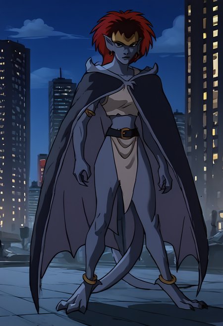 <lora:DemonaPony1.0:1.0>demona, solo, 1girl, red hair, hoop earrings,armlet,black eyes,cloak,anklet, pointy ears, tank top, short hair, tail, score_9, score_8_up, score_7_up, score_6_up, score_5_up, score_4_up, looking at viewer,full body, city, cityscape, night, night sky,