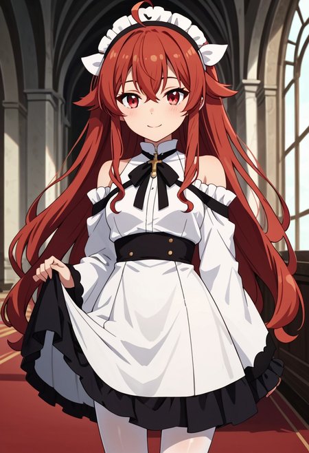 score_9, score_8_up, score_7_up,Eris_Greyrat, red_eyes, red_hair, ahoge, hair_between_eyes, hair_flaps, small_breasts, bare_shoulders, black_hairband, black_bow, white_shirt, white_dress, wide_sleeves, brown_skirt, white_pantyhose,indoors, castle, windy,strong winds, shirt tug,slight smile, anime screencap