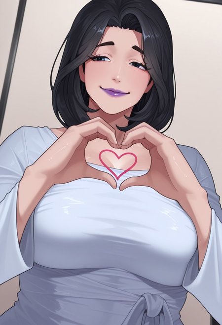 , 1girl, solo, medium build, medium hair, sfw, safe for work, covered skin, flowy dress,  black eyes, purple lipgloss, smiling, portrait, upper body, heart hands, mature female, foreshortening, detailed, newest, shiny skin, cowboy angle, solo focus, medium breasts, arapanchi