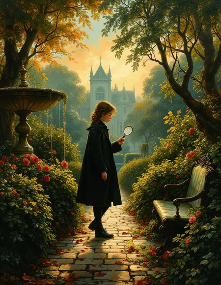 masterpiece, high quality, Oil Painting, Hyper-realistic, a young tween girl Sherlock Holmes, dressed in an elegant yet slightly disheveled Victorian suit, explores a lush, overgrown garden in the late afternoon. Her keen eyes scan every detailâfootprints on the damp soil, a stray glove caught on a rose bush. The garden is vibrant, filled with twisting ivy, sculpted hedges, and towering fountains covered in moss. Light filters through the canopy of ancient trees, casting dappled shadows on the stone pathways. A magnifying glass glints in his hand as he kneels to examine an unusual mark on a marble bench. In the distance, the silhouette of a grand manor looms, its windows catching the golden hues of the setting sun. The atmosphere is rich with mystery, intrigue, and the whispers of an unsolved puzzle waiting to be uncovered.
Elaborate details, (2/3 rule composition:0.5), ultra detailed, romantic, Rembrandt lighting, brush stroke, lovely, del1cate_balance style, FS, in the style of Rembrandt. vantablack <lora:style_of_Rembrandt_FLUX_135:.8> <lora:- Flux1 - vanta_black_V2.0:.4> <lora:FS_v2:.4> <lora:Delicate_Balance:.3> <lora:neeeg_f1:-1> <lora:Midjourney_Whisper_Minimal:.3>