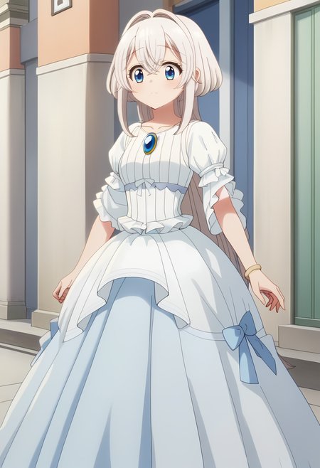 <lora:Towa:1> towa, long_hair, 1girl, white_hair, solo, blue_eyes, bangs, hair_between_eyes, <lora:princess_dress-PD-1.0:1>princess dress, score_9, score_8_up, score_7_up, , anime coloring ,BREAK source_anime, anime