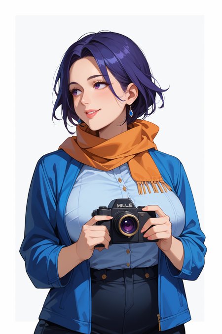 score_9, score_8_up, score_7_up, score_6_up, source_anime, solo, 1girl, mature female, milf, motherly, huge breasts, wide hips, lips, Clorinde, purple eyes, purple hair, blue hair, multicolored hair, blue jacket, camera, holding, jacket, looking to side, orange scarf, scarf, simple background, upper body, white background, holding camera, solo, smile <lora:ClorindePony:0.8>