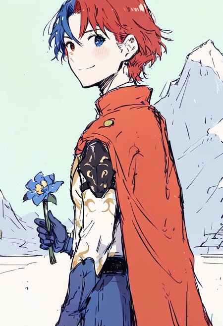 (score_9, score_8_up:1.1), score_7_up, high res image,masterpiece,best quality, clear skin,shiny hair,ultra detailed eyes, 1boy, solo, defAlearM, heterochromia, gloves, split-color hair, red hair, blue hair, cape, armor, holding flower, smile, blush, looking at viewer, Faded Headshot, faded bottom, faded edges, green field, mountains,