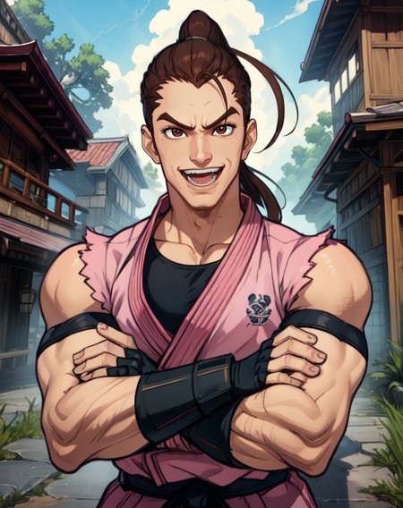 dan,brown hair,brown eyes,ponytail,muscular male, looking at viewer, 
pink dougi,black undershirt,fingerless gloves,
standing,open mouth,happy,
smile, crossed arms, 
dojo,outdoors, 
(insanely detailed, beautiful detailed face, masterpiece, best quality) cinematic lighting,(solo:1.6),
<lora:danhibiki:0.7>,