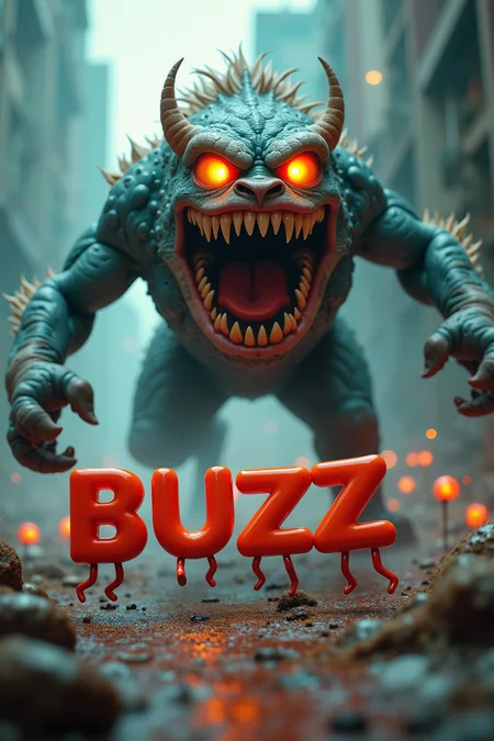 In an ultra-dreamlike fantasy style, a massive beast with the word 'FLUX' glowing on its forehead charges forward, mouth wide open and teeth bared, as it hunts a group of panicked 'BUZZ' characters. Each 'BUZZ' is depicted as 3D text, complete with two small legs, running frantically to escape the monster. The scene is highly detailed, with the surreal environment amplifying the tension and whimsy, as the 'BUZZ' figures flee in a desperate race for survival.