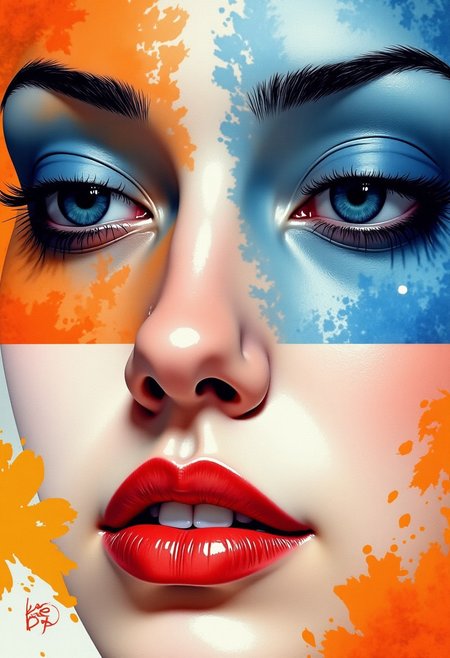 This is a highly detailed digital artwork featuring a close-up of a woman's face, presented in a symmetrical, mosaic-like composition. The image is divided into four quadrants, each showcasing different hues and textures. (1) The top left quadrant displays her right eye, closed with long, dark eyelashes, and a soft blue hue. (2) The top right quadrant highlights her left eye, similarly closed, with a striking blue shade. (3) The bottom left quadrant features her nose and part of her mouth, painted in a pale blue with a smooth gradient. (4) The bottom right quadrant captures her lips, full and painted in a glossy, deep red. 
(All) The woman's skin appears smooth and flawless, with subtle highlights and shadows enhancing her features.
The background is a blend of warm and cool tones, including shades of orange, blue, and white, with abstract geometric shapes and splashes of color, creating a dynamic and vibrant effect. The overall style is a mix of realism and abstract art, with a focus on color and texture. The image uses the rule of thirds to balance the composition, drawing the viewer's eye to the woman's serene face. <lora:Illustration_V5:1>