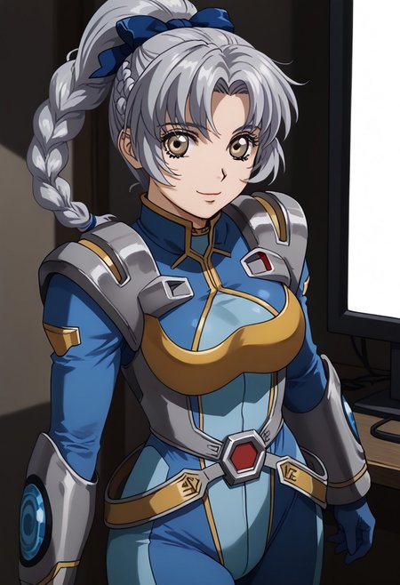 score_9, score_8_up, score_7_up, 1girl, solo, grey hair, grey eyes, braided ponytail, srwbluepilotsuit, blue bodysuit, pauldrons, wrist guards, metal belt, grey armor, helmet removed, no headwear, looking at viewer, slight smile, cowboy shot, indoors, metal wall, metal walls, monitor,