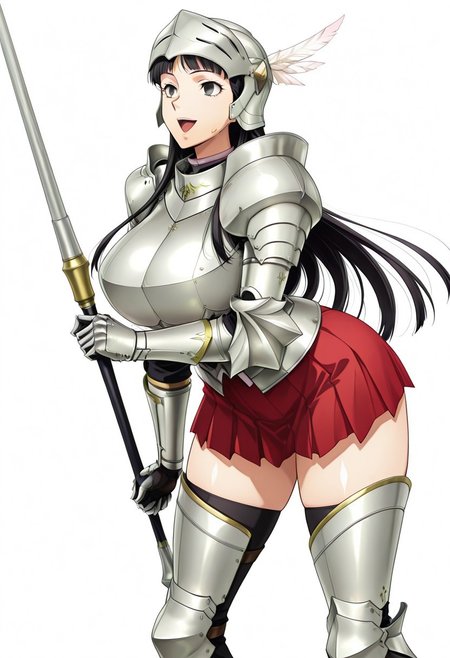 score_9,score_8_up,score_7_up,source_anime,5_figner,2d_animation,game cg,BREKE,1girl,solo,
p4amagi, Amagi Yukiko, long hair, black hair, bangs,
armor,gauntlets,breastplate,helmet,feathers,greaves,armored boots,zettai ryouik,black thighhighs,pleated skirt,red skirt,lance,knight,hold on lance,
smile,openmouth,cowboyshot,standing,
huge breasts,thick hips,thick thighs,thick waist,disproportionate breasts,
curves,glamour,
simple background,white background,
masterpiece,best qualit,ultra-detailed,illustration,an extremely delicate and beautiful,beautiful detailed eyes,unity 8k wallpaper,high resolution,anime CG,official_art,Erotic_style, uncensored, anime_coloring, anime_screencap,