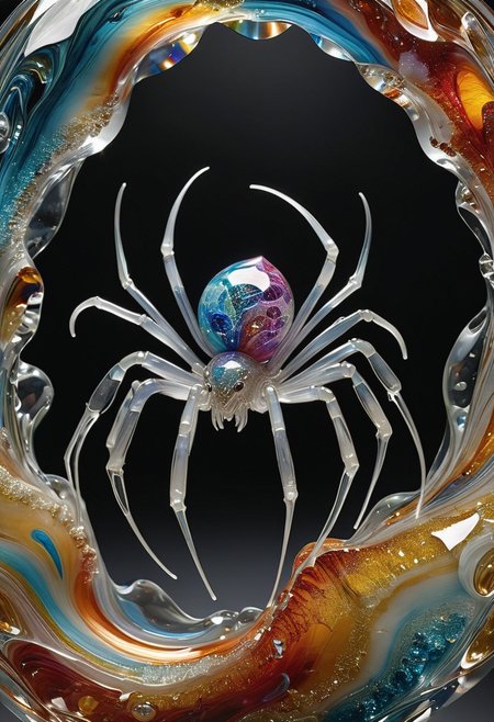  made out of,colorful,liquid,Murano Art glass,highres, 
Suspended in a web spun from spun glass threads that shimmer with trapped light, a crystalline  diamond spider waits patiently. Its body, a multifaceted geode of quartz crystal, refracts light into a dazzling spectrum of colors. Instead of eight legs, it has twelve, each one a delicate arch of clear glass, ending in tiny suction cups of molten amber.