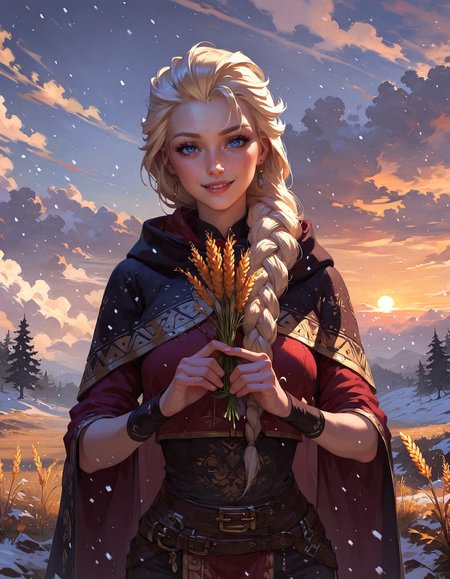 score_9, score_8_up, score_7_up,  (1girl:1.2), (eskimo), tribal, snowing, warm clothes, in a field, desolate, woman, erotic, seductive, snow, fur-trimmed clothes, blonde hair, long hair, Elsa, smile, holding wheat, wheat field, golden sun,  <lora:pony/twilight_style:0.8> concept art, realistic, <lora:pony/expressiveh:0.8> expressiveh