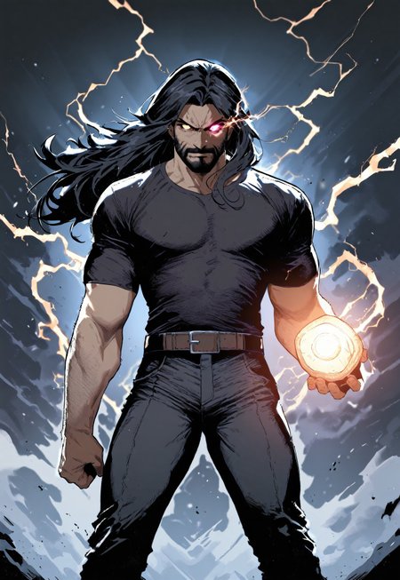 masterpiece, high score, great score, absurdres, SUP3RH3R0 Style, 1boy, male focus, solo, belt, black hair, pants, facial hair, glowing, electricity, shirt, beard, looking at viewer, black pants, glowing eyes, black shirt, holding, long hair, glowing eye, comic art style