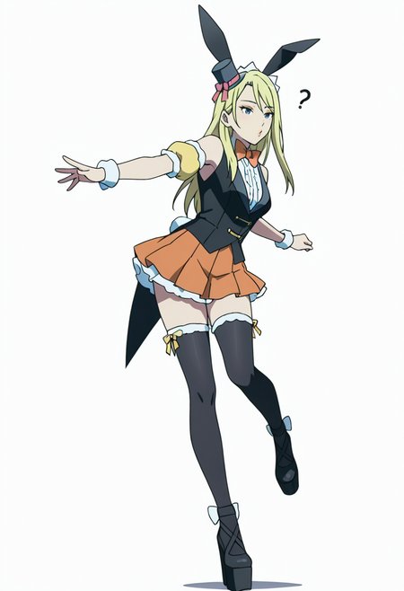 Smooth Quality,masterpiece,very intricate, high quality details, ultra realistic, high detailed skin,detailed enviorement,absurdres,anime screencap, 
simple background, white background, dancing, 
 <lora:Moonbeams_Manager_CNR:0.7> moonbear_cnr, 1girl,blonde hair, long hair, blue eyes,rabbit ears, fake animal ears, bare shoulders, makeup, lipstick, mini top hat, black vest, shirt,puffy short sleeves, detached sleeves, wrist cuffs,orange pleated skirt, black thighhighs, frills,bowtie, platform footwear,, confused,, o3o,