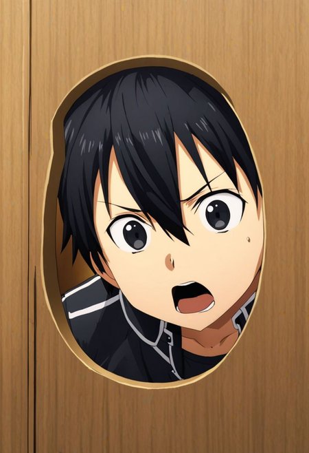 high resolution, solo, best quality, 1Boy, Kazuto Kirigaya, Black Hair, Black Eyes, surprised, peeking out, OverallDetail