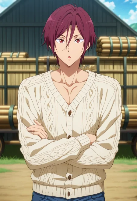 masterpiece, best quality, , anime screencap, anime coloring, official style, , 1boy, solo, male focus, <lora:rin_matsuoka_ilxl:0.98>, rin_matsuoka, red hair, red eyes, hair between eyes, upper body, farm, plantation, noon, arms under breasts, :o, Vermilion Cargo jogger pants, Denim Embroidered Henley cardigan, Penny loafers, , Bedroll and and
