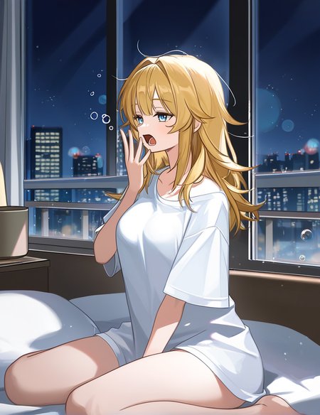 blonde hair, blue eyes, long hair, oversized t-shirt, bubbles, sleepy,
yawning, white shirt, thighs, 
bed, wariza,
masterpiece, best quality, very awa
<lora:invisiblewoman:1>, city apartment, night, living room, indoors, window