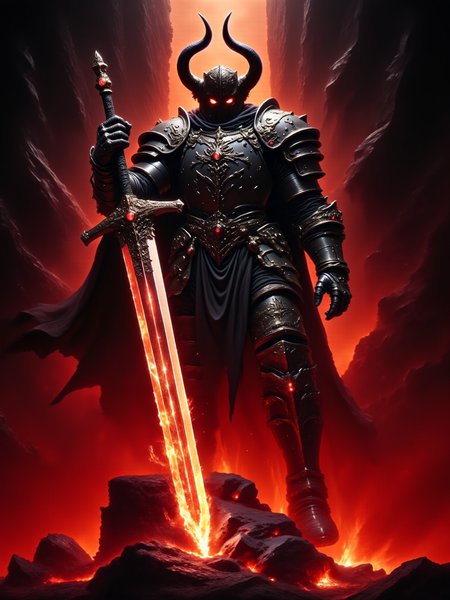 highly detailed dark fantasy digital painting, low-angle shot with a symmetrical composition, the scene shows a towering, faceless demon knight standing imposingly before a massive infernal portal, facing the viewer, his broad, curved horns are perfectly symmetrical, the demon wields a legendary, awe-inspiring magic greatsword in one hand, the bladeâs crossguard and pommel are encrusted with fiery, glowing rubies that pulse with infernal energy, bright orange-red sparks fly from where the greatsword touches the volcanic ground, the demon's piercing crimson eyes burn with intense focus as they lock onto the viewer, his dark, intricately engraved armor is forged from infernal metal, each piece meticulously crafted, exuding an ominous and powerful aura, a dark, tattered cape billows behind him, adding to his menacing presence, in the background, the massive infernal portal looms, surrounded by intricate carvings and ancient, faintly glowing runes etched into the stone, dim red light seeps through cracks, illuminating the portal and casting an eerie glow on the scene, the fiery, dim lighting of the scene enhances the dramatic contrasts, as glowing sparks float through the air, subtle shadows and smoky tendrils rise around his feet, faint reflections from lava flows cast across the jagged rocks, illuminating the intricate engravings of his armor and the fierce, supernatural quality of his form, vantablack, hkstyle, holding sword, wearing armor, celestium style, <lora:vantablack-v2-flux-by_tijuanaslumlord:1.12> <lora:style-celestium-v0.1-flux-by_sterlingangel:0.48> <lora:fantasy_knights-v2-flux-by_hailoknight:1.0> <lora:image_enhancer-flux-by_dever:1.0>