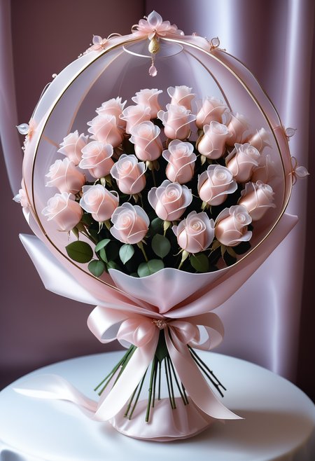 A bouquet of roses as silky as if they were made out of reij-rsrgnz <lora:RoseOrganza-000006:0.8>, stands in a showcase