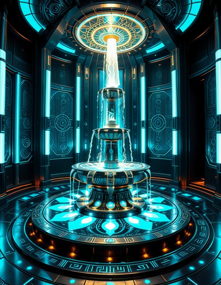 The center of a high-tech, alien temple-laboratory, where dark metallic walls shimmer under the glow of cyan vertical light tubes and faint sacred runes. In the middle of the chamber lies an elaborate biomechanical fountain, rising like an altar from a circular platform of engraved metal. The fountain pulses with iridescent liquid light, flowing in gravity-defying streams that spiral upward before cascading back into a glowing basin etched with ritual patterns. Bioluminescent veins run through the structure, illuminating the surrounding floor like circuitry. Overhead, a radiant, halo-like design casts a celestial glow, enhancing the surreal, sanctified atmosphere. The space exudes a fusion of sacred ceremony and alien technology, as if the fountain were a source of divine power worshipped by another world.
<lora:high-tech_alien_temple_f0unt41n:1>,high-tech alien temple f0unt41n,<lora:SDXLFaeTastic2400:0.4> <lora:extremely_detailed:0.4> extremely detailed, Masterpiece,best quality,hi res,8k,hi res,8k,award winning,(sharp focus, intricate, highly detailed),