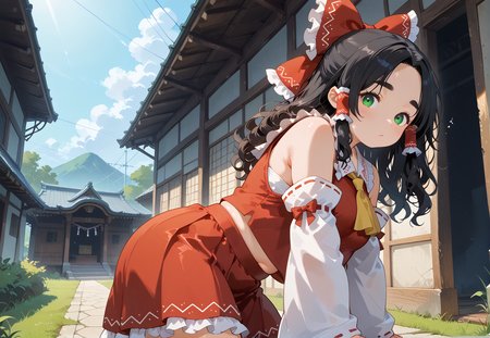 IllusP0s, PonyScores7, source_anime, ah1, IllustriousQual, interesting, exciting, spectacular, wonderful, 
BREAK <lora:xl_more_art-full_v1:0.2>, <lora:aesthetic_anime_v1s:0.2>, <lora:EpicF4nta5yXL:0.2>, <lora:detailxl:0.2>, detailxl, <lora:Fant5yP0ny:0.2>, amazing quality, best aesthetic, absurdres, illustration, Volumetric_Lighting, ultra-detailed, very aesthetic, intricate details, best_quality
BREAK ((evasive maneuver)),
BREAK Stable_Yogis_PDXL_Positives, AS-Adult, <lora:Complicated fantasy portrait - XL Pony V2.0:0.2>, bad-hands-5, <lora:HDA_Detailer:0.3>, <lora:natsumi_style:0.5>, <lora:by_usakun-pony:0.4>, by usakun, <lora:Akina_Bbw_Style_-_PonyXL:0.2>, AkinBw, (((from below), (from side), focus on chest)),
BREAK 1girl, mature female, (curvy), round-chin, caucasian, <lora:ETO_OC_Illustrius:0.5>, eto_oc, skindentation, (plump), thick thighs, wide hips, busty, voluptuous, <lora:venus body PonyXL:0.3>, <lora:shinyskin2:0.2>, glistening skin, HDA_FatGirlXL, 
BREAK ((<lora:hakurei-reimu-cosplay-ponyxl-lora-nochekaiser_r1:0.8>, hakureireimucosplay, hakurei reimu \(cosplay\), ascot, bare shoulders, detached sleeves, frilled bow, frilled shirt collar, frilled skirt, frills, midriff peek, red skirt, red shirt, sleeveless, sleeveless shirt, white sleeves, yellow ascot)),
BREAK (curly hair), long hair, (black hair:1.4), (parted hair:1.7), messy hair, kinky curls, <lora:hairdetailpxl:0.2>, hairdetailpxl,
BREAK (half green and brown eyes), (colorful eyes), (multicolored eyes), (downturned eyes:1.4), <lora:expressive eyes:0.2>, expressive eyes, <lora:eyedetailpxl:0.2>, eyedetailpxl, <lora:Eyes_High_Definition:0.2>, EyesHD, (round face:1.2), (thick eyebrows:1.3), (plump face), <lora:Round_face:0.2>, lips, 
BREAK (("/:/>=" expression)), <lora:Expressive_H:0.2>, Expressiveh, <lora:Emotional_Anime_Expressions_PonyXL_Concept:0.2>, emotional, <lora:Best_Facial_Expression_LoRA_PONY:0.2>, looking at viewer, <lora:Detailed expressive EXEV style -XL Pony V1.0:0.2>, FaceDetail,
BREAK (((mumbai, mani bhavan, a historic building that once served as gandhi's residence, now a museum))), <lora:Background Detailer - SDXL:0.8>, 4k, 8k, Ultra HD, Masterpiece, Best quality, Detailed background, <lora:Add_more_details_V2_XLpony:0.4> full_details,