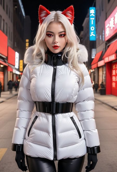 ((((padded down coat)))), ((((padded puffer coat)))), ((((padded winter clothes)))), ((((very cold)))), ((((puffer hood up)))), ((((full body)))), beautiful, masterpiece, 1girl, mature female, (((white long hair))), (((red eyes))), cat ears, large breasts, gloves, chest harness, (((half face mask))), army, Red digital camouflage, steam, cyberpunk, city, neon lights, pressure squeezing cuffs, pressure squeezing collar, (Thick padded cuffs:1.4), (Thick padded collar:1.4), <lora:Collar-SDXL:0.75>, <lora:Cuffs-SDXL:0.75>, <lora:fashion_lora:0.6>