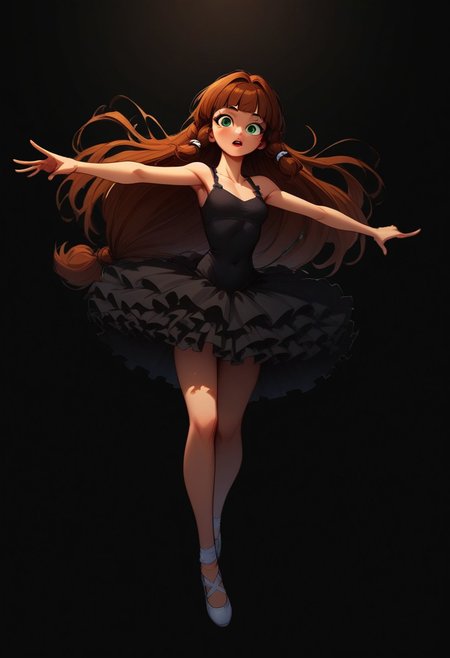 Blend_in, black background, score_9, score_8_up, score_7_up, masterpiece, best quality, absurdres, highly detailed, (high contrast, sidelightning), full body, (from above:0.6), 
BREAK 
1girl, solo, imtdlilaross, long hair, low-tied long hair, green eyes, blunt bangs, brown hair, hair tubes, corseted ballerina attire, bell tutu, pitch black clothes, (white ballerina pointes), arabesque, stage performance, outstretched arms