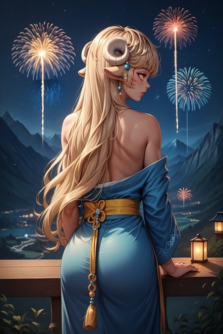 score_9, score_8_up, <lora:NSLaraMaplestory:0.9> NSLaraMisc, blonde hair, yellow eyes, long hair, curled horns, animal ears, hair beads, from behind, blue kimono, bare shoulders, mountains, fireworks, night