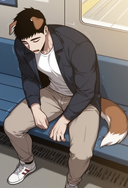 masterpiece, best quality, amazing quality, very aesthetic, absurdres, newest, detailed background, warm natural lighting, lively and bustling atmosphere, background details visible, shiny skin, indoor, train station, chinese background, 
hyunsunglee, 1boy, solo, male focus, short hair, sleeping, muscle body, t-shirt, blazer, brown pants, sneaker, saliva, sitting on bench, motion lines, twitching, ((dog ear:1.2), (long dog tail:1.2), beagle)