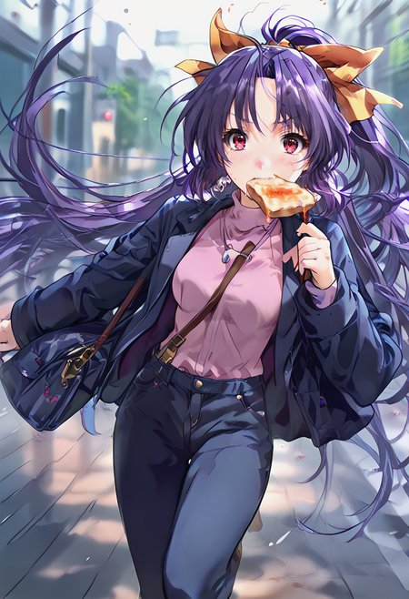 <lora:trumkuu_Pv11-000030:1>, ntrkuu, 1girl, hair bow, long hair, ponytail, purple hair, shirt, solo, turtleneck, very long hair,   <lora:Running_with_food_in_mouth:1> running with food in mouth,, BREAK score_9, score_8_up, score_7_up, score_6_up, source_anime, best quality,