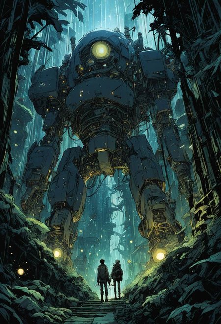 Mechanical Jungle Glistens under the Stellar Flame in the style of [Tsutomu Nihei:Hiromu Arakawa:0.3]