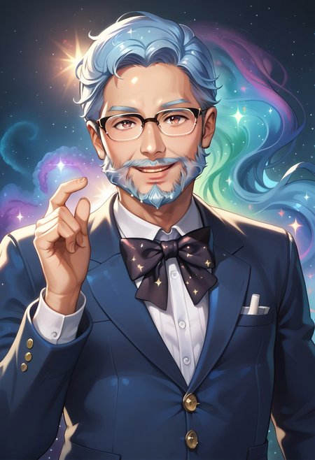score_10, score_9_up, score_8_up, score_7_up, score_6_up, vibrant colors, shiny skin, prefect lighting, detailed image, snoozing, masterpiece, best quality, highly detailed, ultra quality, BREAK, 
<lora:galaxyXLP:1> galaxy, 
1man, solo,, old man, Glasses, beard,, detailed face, smiling, jewelry ,,suit made of galaxy, black bow tie, ((clothes made of galaxy)),  
looking at viewer, detailed background , indoors , cinematic composition , dynamic pose ,