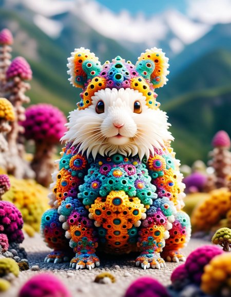 tilt-shift photo of selective focus, miniature effect, blurred background, highly detailed, vibrant, perspective control, natural Tilt Shot (Whimsically artistic) , adorable extra (fluffy: 1.3) chubby miniature pika wearing an ral-iontivevisions cyberpunk suit with white furr and helmet wit futuristic googles made of ral-mndlbrt, macro photography, (enchanting:1.3), (luminous:1.2), (oversized flora:1.1), mystical, vibrant photography, shimmering light, dreamy, whimsical, serene, soft-focus, hyper-detailed digital art, <lora:ral-mndlbrt:0.9> ral-mndlbrt