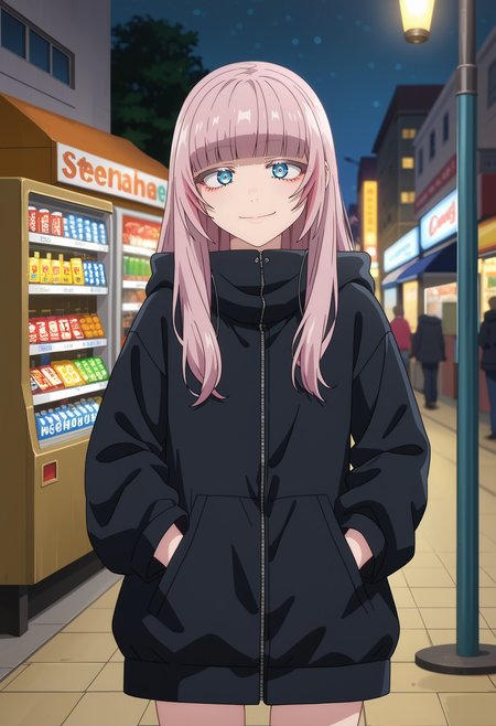 score_7_up, anime screencap,
<lora:YofukashiNoUta_NanakusaNazunaXL:0.8>, NanakusaNazuna,
1girl, solo, closed mouth, light smile,
long hair, sidelocks, pink hair, blunt bangs, blue eyes,
NanakusaJacket, black jacket, hood,
looking at viewer, hand in pocket, thigh gap, cowboy shot,
blurry background, photo background, night, vending machine, street, street light