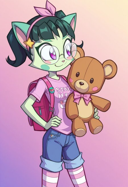 score_9, score_8_up, score_7_up, Dreamkeepers,lilith_calah, ,1girl,solo,black hair,animal ears,purple eyes,glasses,cat ears,white fur,animal nose,green hair, tail,
<lora:dreamkeepers_multipleCharacters:0.8>,
(cutecore, kawaiicore) (charinspo, character design) chicchai_style, kawaii,  short twintails, (jeweled eyes), blush stickers, smug, smug smile, >:3, cute little fang, hands on hips, (jojifuku), white and hot pink cute teddy bear graphic t-shirt, (clothes writing), kawaii blue and yellow text on shirt, pastel pink high-waisted (plaid print frilly ribboned miniskirt), hip ribbons, (pink ribbons on skirt), pink ruffles, white frills, white lace trim, light blue denim jacket, short ribboned sleeves, (hot pink bows attached to light blue denim short sleeves), bows, pink bows, blue bows, hair ribbons, hairband, ribbon hairband, teddy bear head-shaped hair ornament, cute pastel hairclips, red randoseru backpack, cute stuffed animal charms, teddy bear charm, (cute stuffed teddy bear charms attached to backpack), white and pastel pink striped thighhighs socks, neon pink sneakers, (cute pink hearts, cute yellow stars)