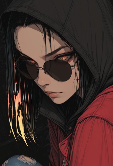 masterpiece,best quality,amazing quality,32k,ultra detailed, 1girl, black hair, yellow hair ends, skinny, athletic, blazer with hood, red blazer, hood on head, hands in blazer pocket, wide shoulders, round sunglasses, glowing sunglasses, black sunglasses, torn jeans, close up, dutch angle, from side, low angle shot, hero shot, neon flame conturing female body, abstract superhero sketch, volumentary, sinozick_illu, arsmjstyle, <lora:Sinozick_style:0.65> <lora:HyperdetailedColoredPencilIl:0.25>, <lora:illustriousXL_stabilizer_v1.23:0.35>,