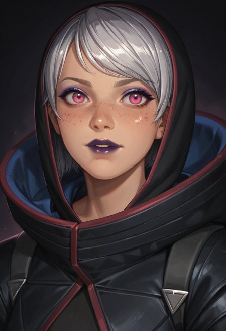 score_9,score_8_up,score_7_up,score_6_up,dark background,(close-up:1.3),(portrait:1.3),v0lt4ge,black pants,black jacket,(black hood:1.2),black footwear,black armor,(grey hair:0.8),(short hair:0.8),dark-skinned female,purple lips,hooded jacket,black belt,navel,medium breasts,looking to the side,pink eyes,spikes,knee pads,purple eyeshadow,purple nails,freckles,<lora:MyTrainings\Temp\Apex\Wattson_Wicked_Voltage_Pony_ARZUMATA.safetensors:0.5>