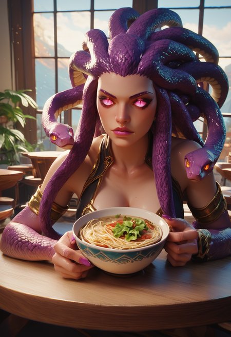 score_9, score_8_up, score_7_up, 
monster girl, medusa, snake hair, beautiful eyes, bowl of ramen, leaning on a table, elbows resting on table, restaurant,
hkmagic, medmskoff