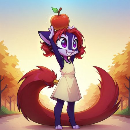 Dreamkeepers,Indi_and_Digo,1girl,solo,furry,tail,source_furry,,red hair,purple fur, purple eyes,
child, kid, 
balancing, apple, playful, smiling, cute, outdoors, warm colors, fluffy hair, bright sky, soft shading, standing under a bright blue sky, balancing an apple on her head with a playful grin. She wobbles slightly, trying her best not to let it fall.
