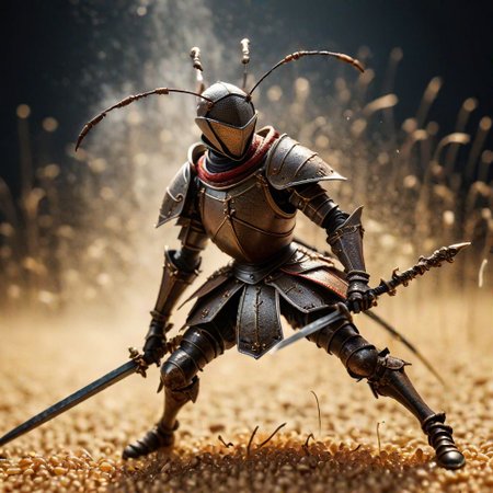 ant warrior, oversized grain of rice, Renaissance battle scene aesthetic, epic struggle, detailed ant armor,  swords crafted from splinters, dramatic lighting, dust swirls, miniature battlefield