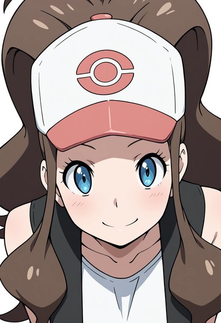 masterpiece, best quality, solo, curvy, beautiful eyes, girl, solo, smile, looking at viewer, dynamic pose, from below, (fisheye), foreshortening, close up,  (leaning forward, eye focus, anime screenshot, 
(upper body), white background,
zzHilda, blue eyes, long hair, high ponytail, sidelocks,   hat, white shirt, black vest, sleeveless,