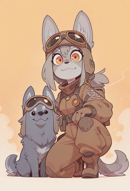 1 girl , 1 dog , dog girl , (shortstacks:1.3) , Aviator Cap , pilot goggles , pilot jacket , dog anthro , grey fur , looking at viewer , saluting , on one knee , one knee up , 
masterpiece ,best quality ,amazing quality, Flatline, Flat vector illustration, rapscallionstyle ,huffslove ,S4bit4mago_illu ,