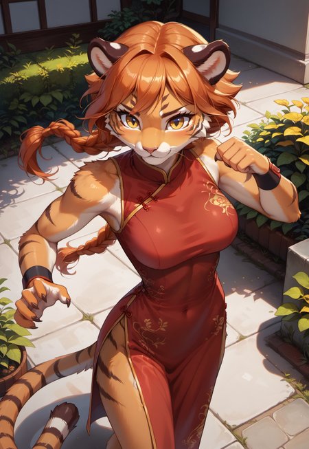 safe_pos, score_9, score_8_up, score_7_up, highres, high quality, perfection, masterpiece, Expressiveh,
outdoors, garden,
1girl, solo, no humans, dynamic angle, front view, from above,
(anthro tiger girl: 1.2), detailed fur, tiger fur, beautiful girl, cute girl, young adult, shapely girl, slim body, athletic body, orange hair, braid, detailed face, beautiful face, eyelashes, perfect eyes, detailed eyes, yellow eyes, large breasts, long tail,
chinese clothes, red china dress, back cutout, side slit, wristband,
standing, dynamic pose, fighting stance,
