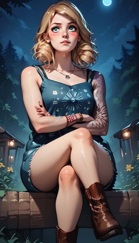 score_9, score_8_up, score_7_up, <lora:Kate_Denson_PonyV2:1> katedensonk1ck1x, dressjorts, sitting, crossed legs, blushing, outdoors. night