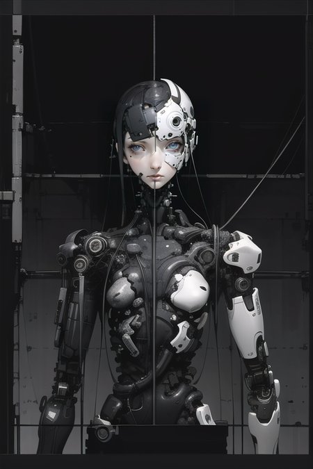 (masterpiece), (best quality), (high resolution), hyper detailed, solo, girl, detailed_background, cables, dim light,  cyborg girl, <lora:epiNoiseoffset_v2:1.3>, <lora:blameLora_v10:1>