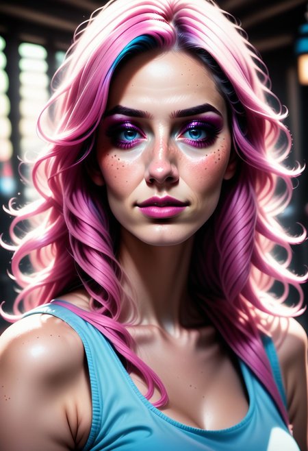 aszkstzz, 1girl, solo, multicolored hair, freckles, pink hair, makeup, blue eyes, gradient hair,  tank top, upper body, two-tone hair,  long hair, depth of field, eyeshadow, realistic, motherly, portrait, mature female, soft light,   cinematic angle, zPDXL