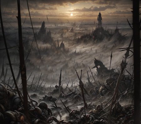 RAW photo, (masterpiece:1.3), subsurface scattering, heavy shadow, (high quality:1.4), (intricate, high detail:1.2), professional photography, HDR, High Dynamic Range, realistic, ultra realistic, photorealistic, high resolution, film photography, ambient lighting, atmospheric effects, <lora:detail_slider_v4:2>, OverallDetail, (DarkFantasy:0.2), battlefield, <lora:Battlefield:1>, dawn, fog, rain, epiCPhoto