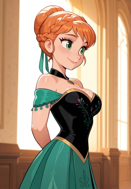 masterpiece, best quality, amazing quality, very aesthetic, absurdres,  newest, Ultra HD, HDR,(hyperdetailed),smooth lighting,very aesthetic,intricate details,intense,highres,vibrant colors,detailed_shadows,detailed_reflections,high-quality textures,good shading,studio quality,epic lighting,digital illustration,show accurate proportions,long eyelashes,thick eyelashes,perfect hands,perfection,5 fingers,perfectly detailed fingers,manga eyes,perfect eyes,detailed eyes,beautiful lighting,detailed eyes,perfect eyes,long eyelashes,thick eyelashes,long eyelashes,shiny skin, perfect beautiful face, detailed background, cowboy shot, palace, indoors, courtains, paintings, dynamic angle
ana, 1girl, solo, freckles, braid, hair bun, orange hair, smile, single hair bun, green dress, bare shoulders, simple background, breasts, green eyes, white background, arms behind back, ribbon, off-shoulder dress, artist name, braided bun, off shoulder, hair ribbon, crown braid, french braid, large breasts, jewelry, updo, cleavage
<lora:Ana_-_Disney_Illustrious:1>