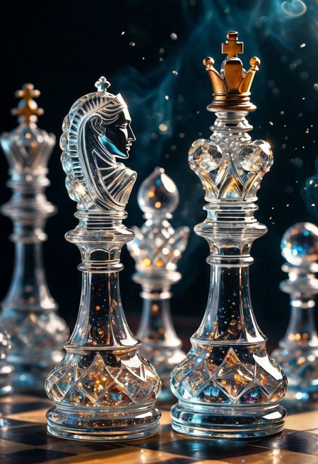 [Masterpiece. Realistic. Transparent Beings. Everything in this universe is made out of sparkling glass crystals. A chess piece made of crystals. Water explosions. Transparent or silver body parts.], detailed, romantic, very inspirational, beautiful, elegant, lovely, cute, pretty, modern, epic composition, fabulous atmosphere, cinematic light, dynamic dramatic ambient, Vibrant Colors , glowing highlights, 
ral-tr33brnch, Arttrttrt, extreme Long Shot, masterpiece, intricate detail, best quality, absurd resolution, Gothic, black stone with golden stripes, elegant, luxury, royal, expensive, 
Stylized chess pieces. Queen chess, Chess game, chess board, luxury and golden design. Photo realistic, cinematic light, concept art. ,
