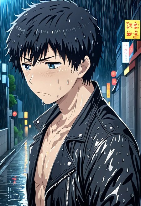 high resolution, solo, best quality, 1Boy, Arata Kaizaki, Black Hair, Blue Eyes, heavy rain, night, looking down, sad, leather jacket, looking away, wet, wet hair, OverallDetail